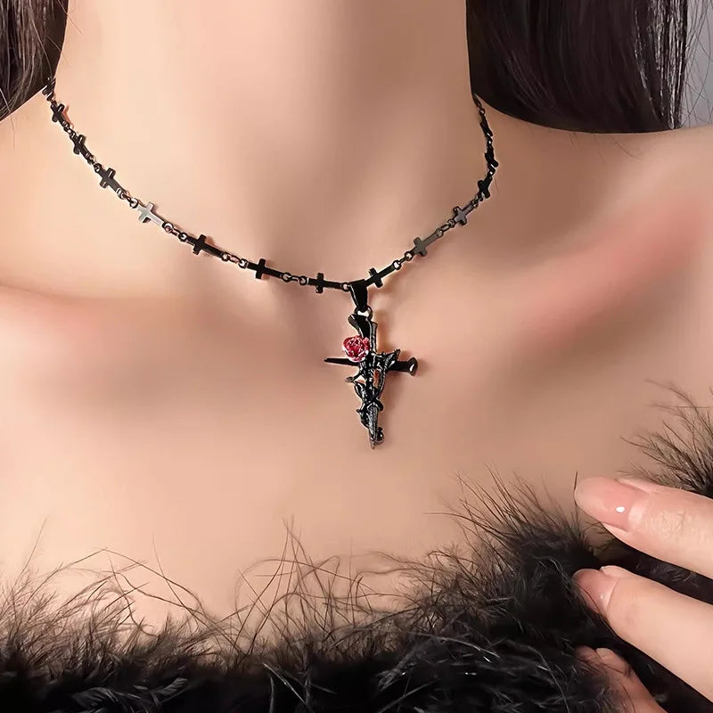 Matching couples Rose Cross Necklace