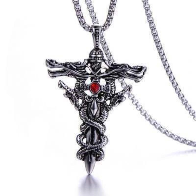 Double dragon Sword Pendant with necklace