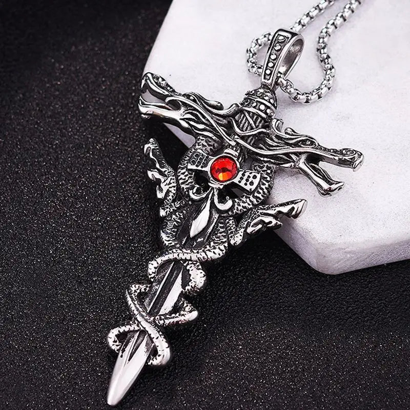 Double dragon Sword Pendant with necklace