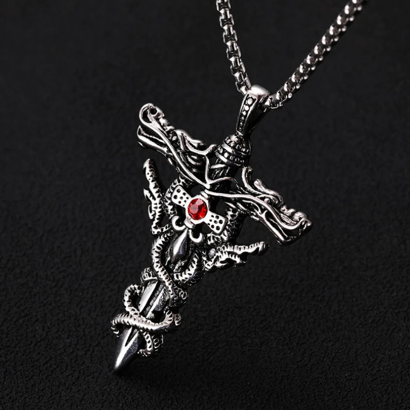 Double dragon Sword Pendant with necklace