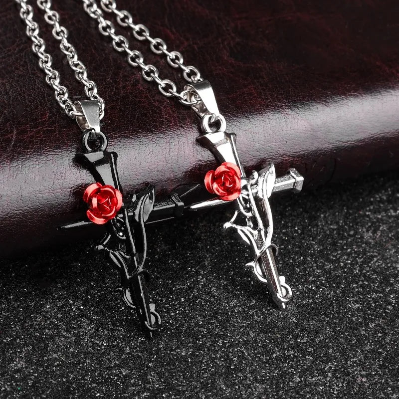 Matching couples Rose Cross Necklace