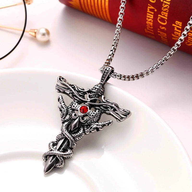 Double dragon Sword Pendant with necklace