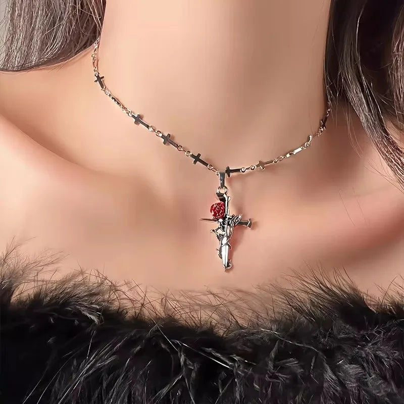 Matching couples Rose Cross Necklace